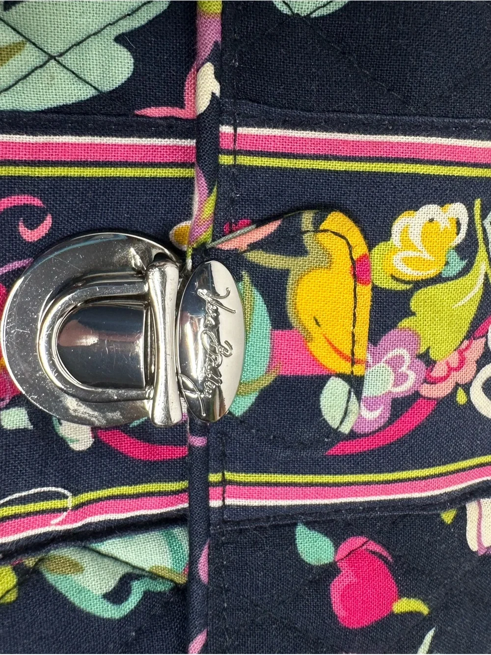 Vera Bradley Navy Quilted Floral Wristlet with Pink & Yellow Accents
